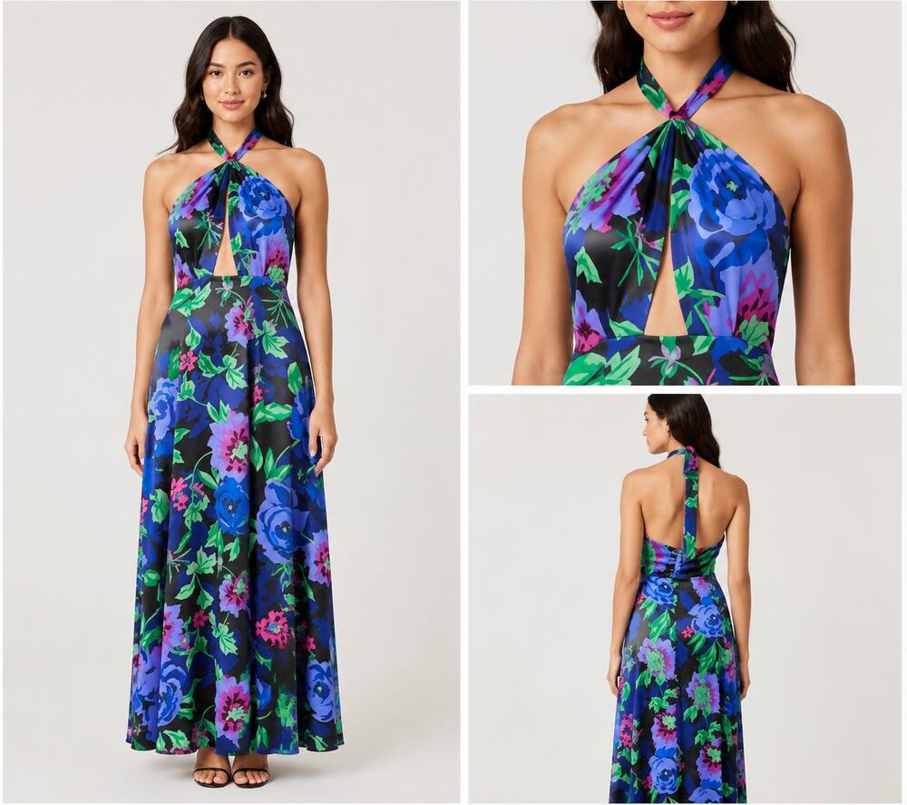 AFRM Floral Maxi Dress XS Halter Open Back Tropical Print Sleeveless Long Dress